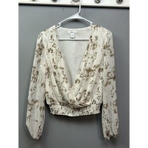 Jopna Blouse Womens Medium White Tan Abstract Floral Surplice Smocked Waist Top